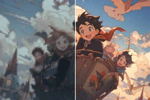 Anime upscaled to 4K with Video2X β soft lines before, crisp line art after