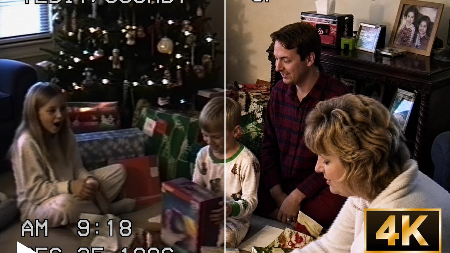 Family picnic home video upscaled with Video2X — faded low-resolution before, sharp 4K detail after